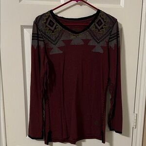 Double D Ranch Maroon Tribal Long Sleeve Top